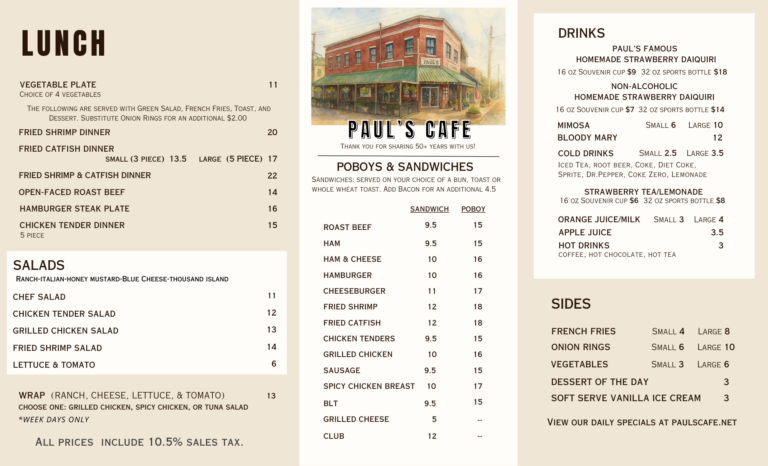 Pauls Cafe Lunch Menu 2026 768x466